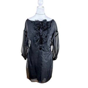 Bebe Dress Silk Black Cocktail Tuxedo Ruffle Front (M)